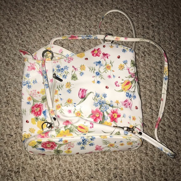 Italian genuine leather flower floral organizer backpack bag white - Picture 2 of 3